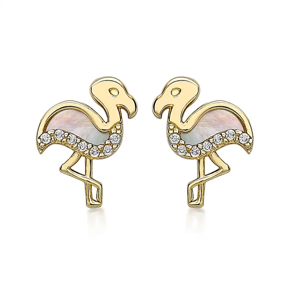 9ct Yellow Gold Mother of Pearl Flamingo Studs