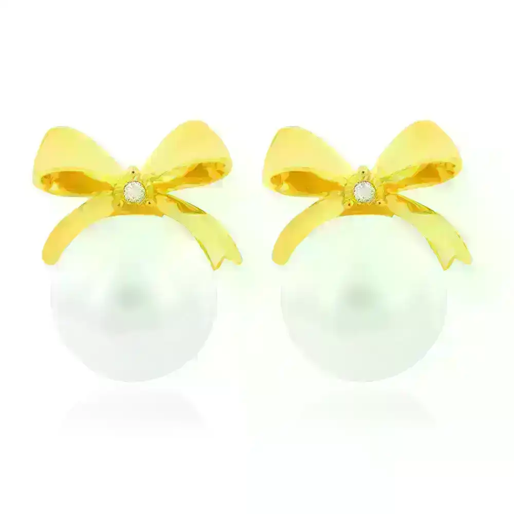 9ct Yellow Gold 11.5-12mm White South Sea Pearl and Diamond Bow Studs