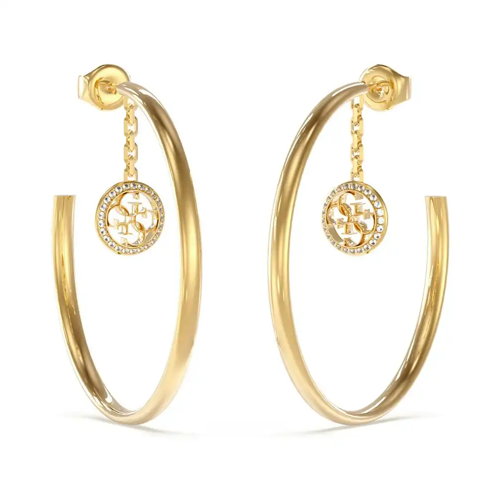 Guess Gold Plated 4G Cubic Zirconia Coin 50mm Hoop Earrings
