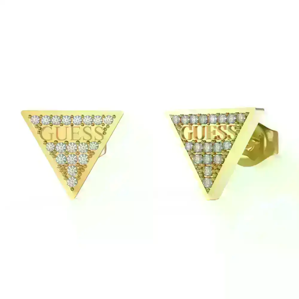 Guess Gold Plated 11mm Pave Logo Triangle Stud Earrings