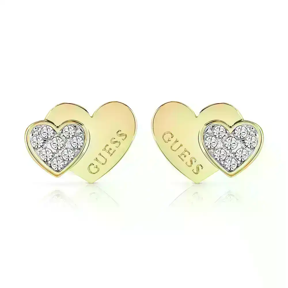 Guess Yellow Gold Plated Double Heart Pave Stud Earrings