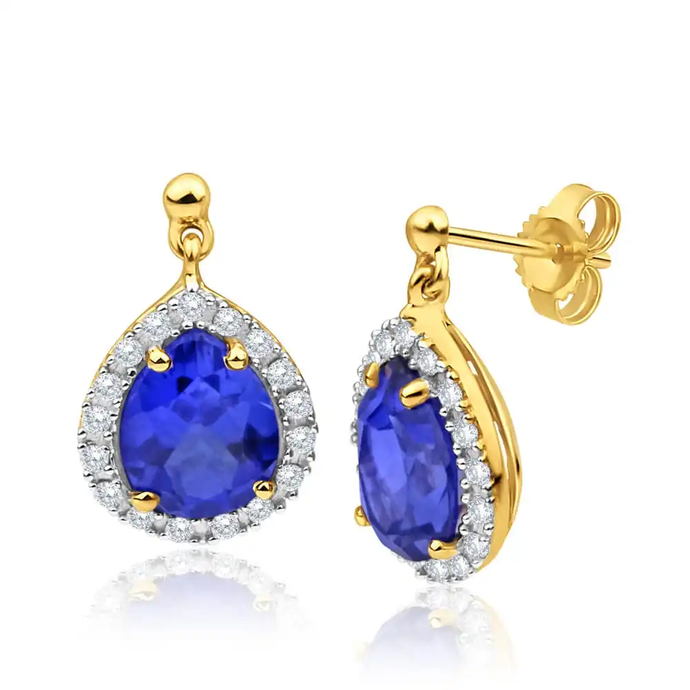 9ct Yellow Gold Created Sapphire + Cubic Zirconia Drop Earrings