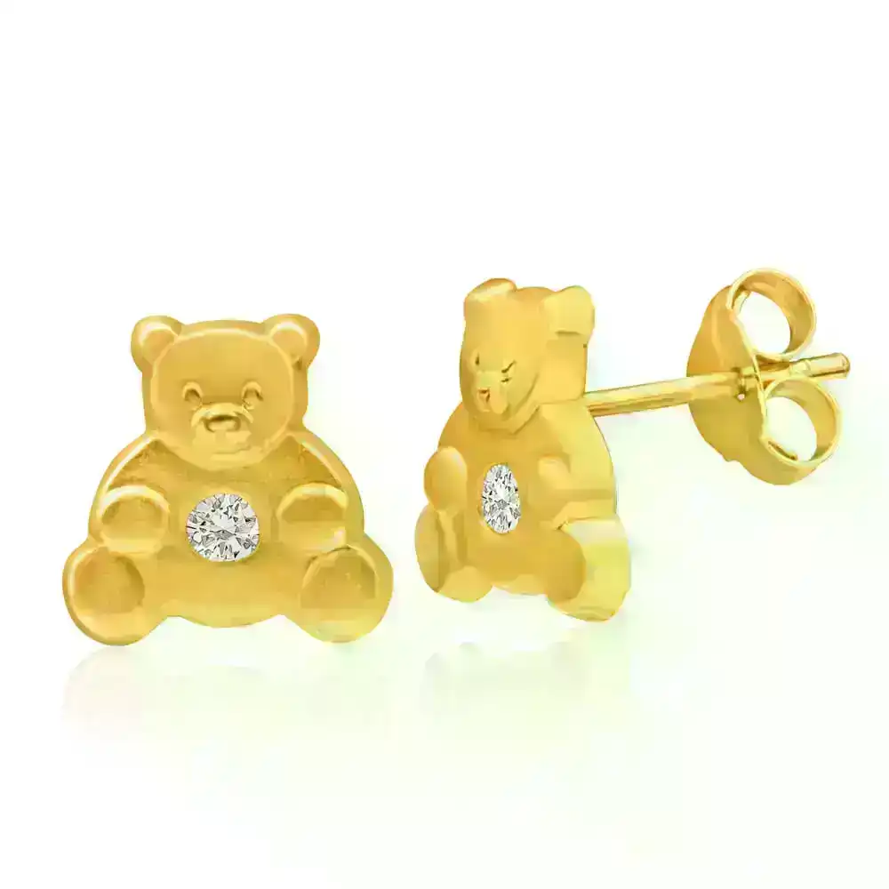 9ct Yellow Gold Cubic Zirconia Teddy Bear Stud Earrings