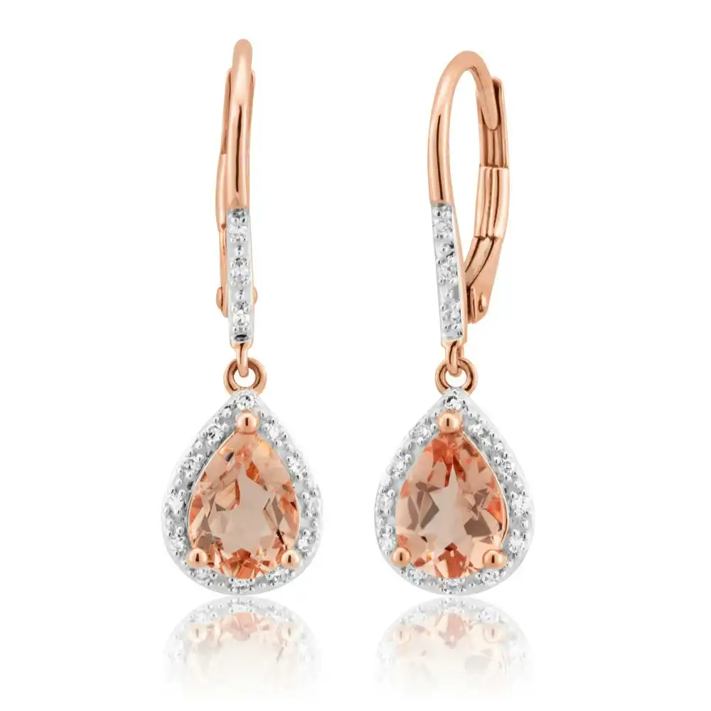 9ct Rose Gold Morganite 7x5mm Pear & Diamond Drop Earrings