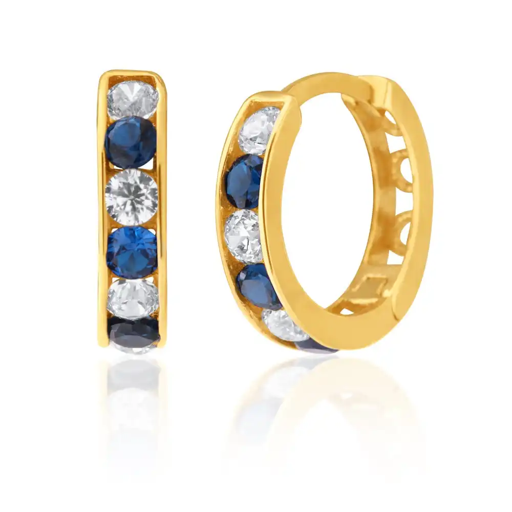 9ct Yellow Gold White and Blue Cubic Zirconia 10mm Huggies