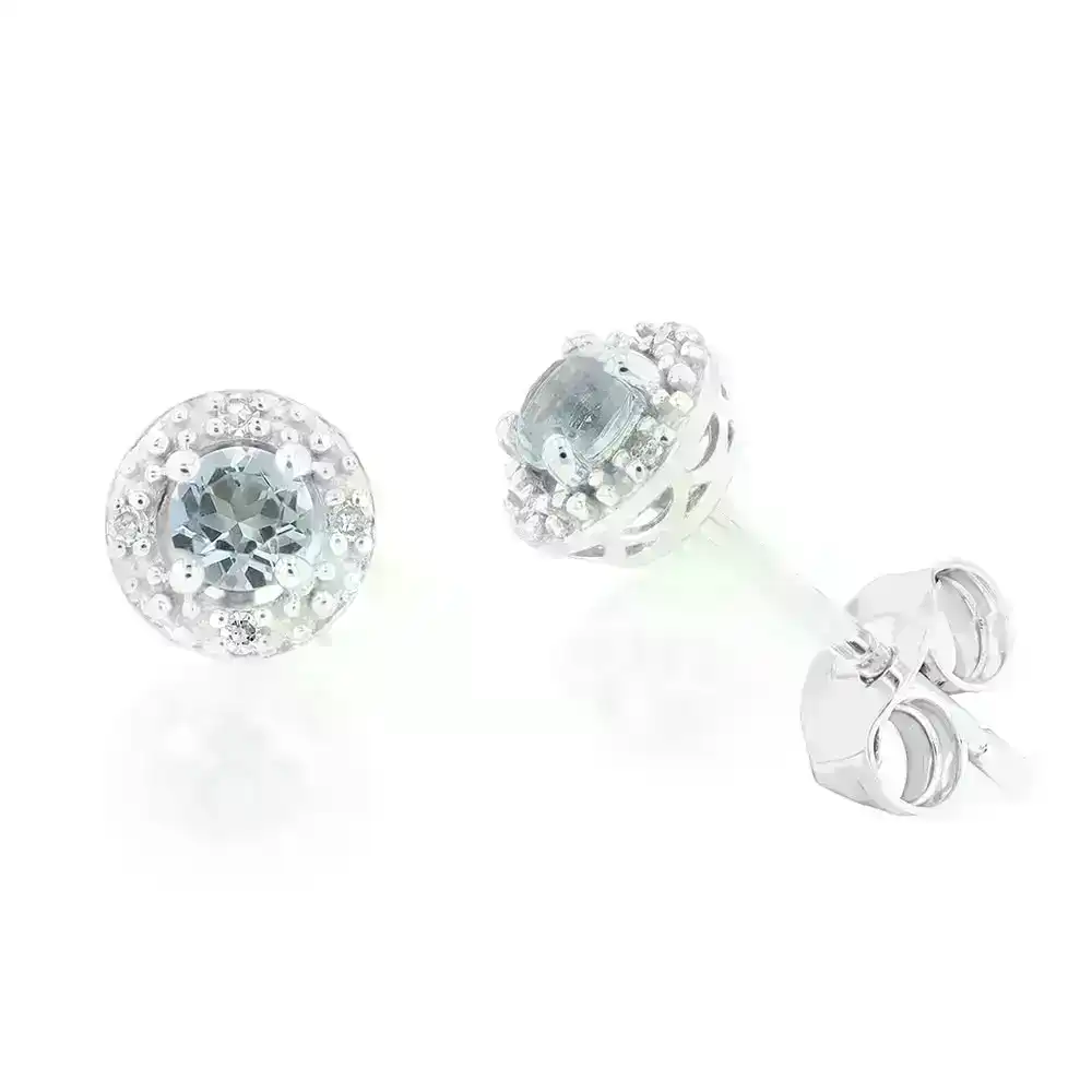 9ct White Gold 3mm Aquamarine and Diamond Halo Stud Earrings