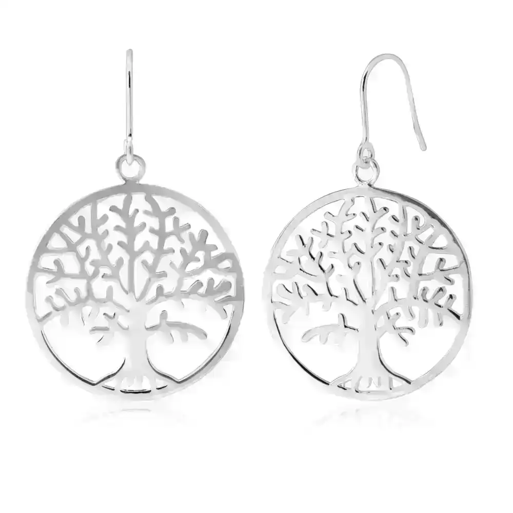Sterling Silver Tree of Life in Circle Drop Earrings