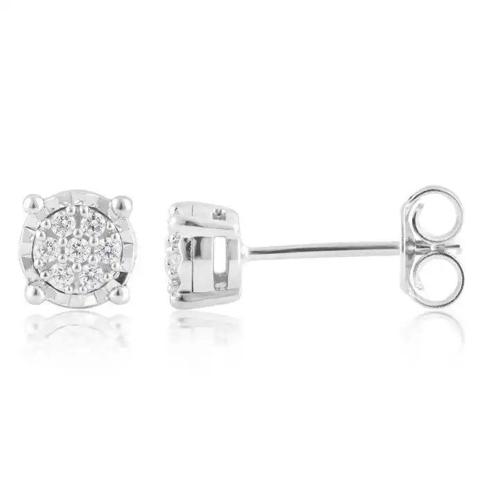 Sterling Silver Diamond Stud Earrings set with 14 Brilliant Diamonds