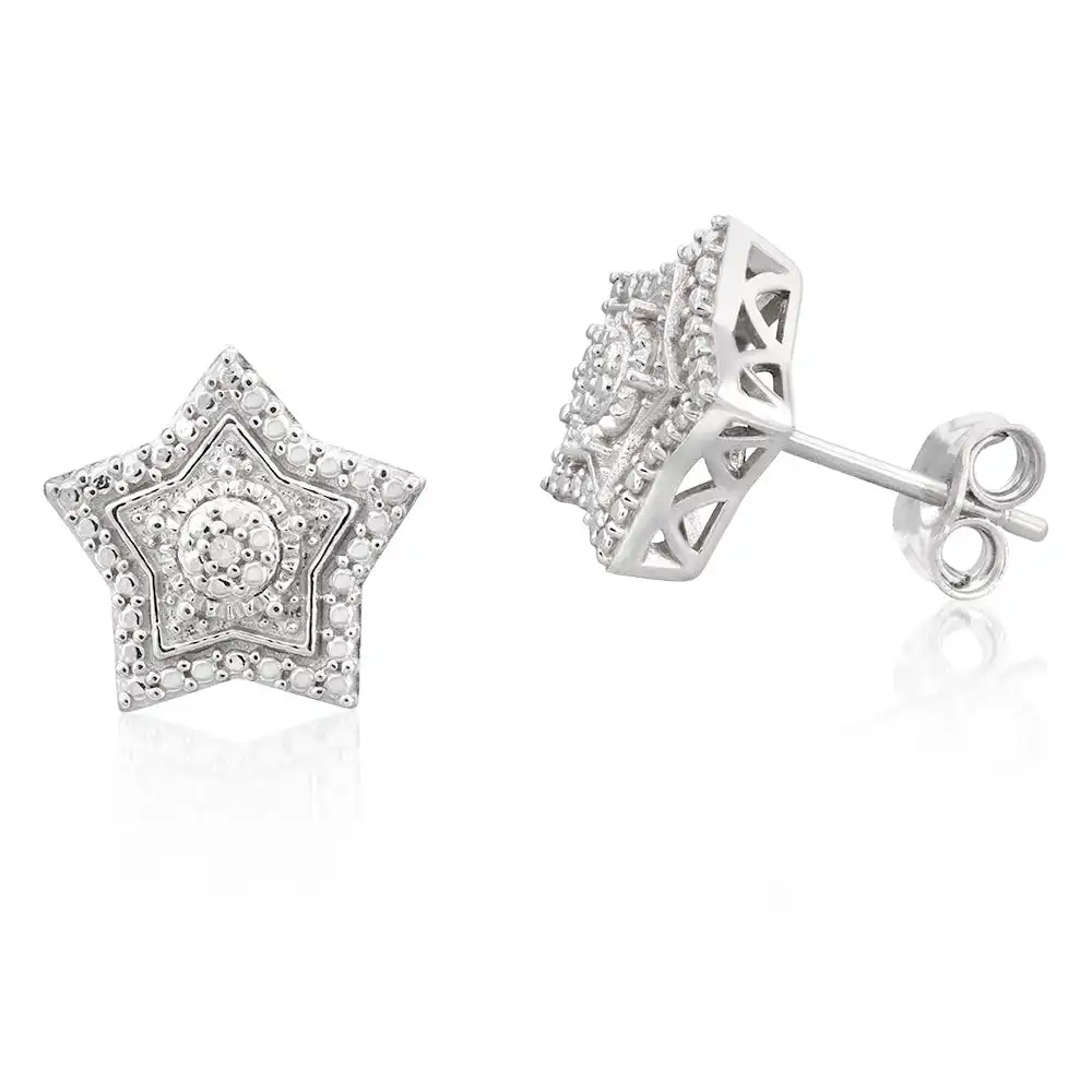 Sterling Silver With 2 Diamond Star Shape Earing Studs