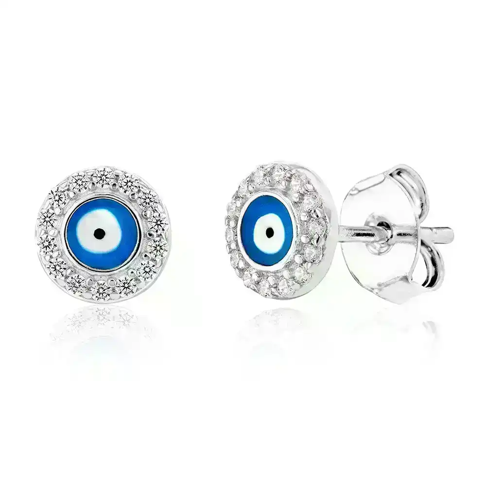 Sterling Silver Cubic Zirconia Evil Eye In Circle Stud Earrings