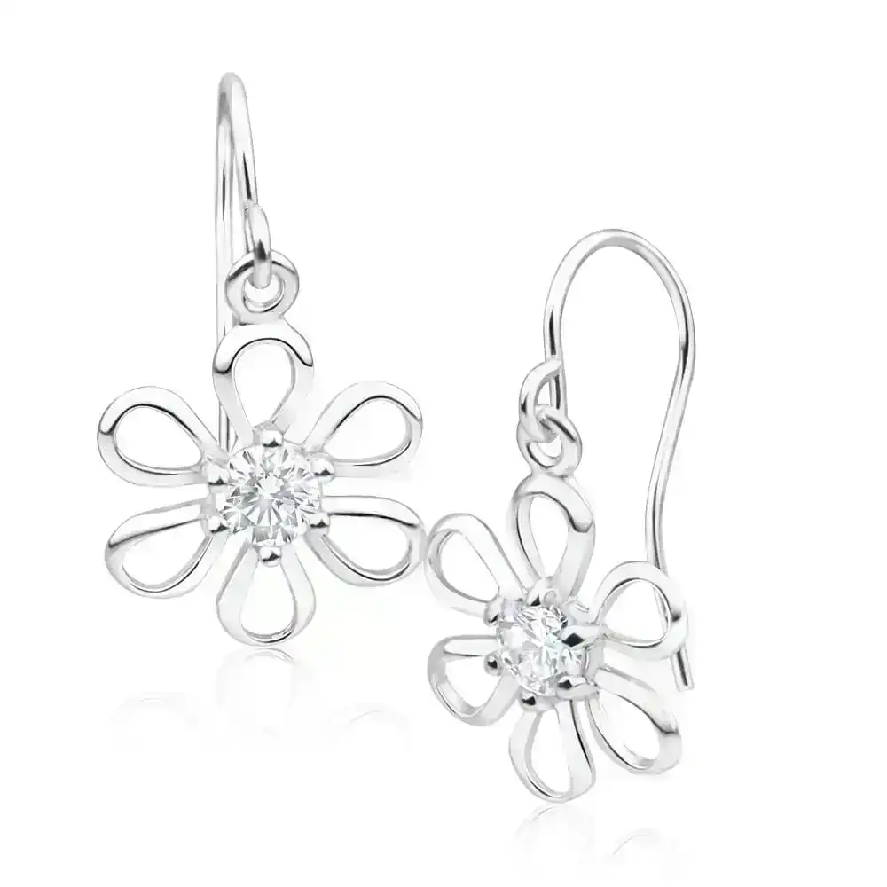 Sterling Silver Cuibic Zirconia Cut-out Flower Drop Earrings