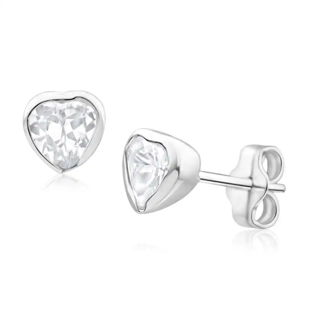 Sterling Silver Cubic Zirconia Heart Bezel Stud Earrings
