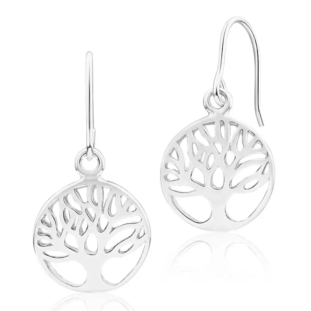 Sterling Silver Tree of Life Round Drop Earrings
