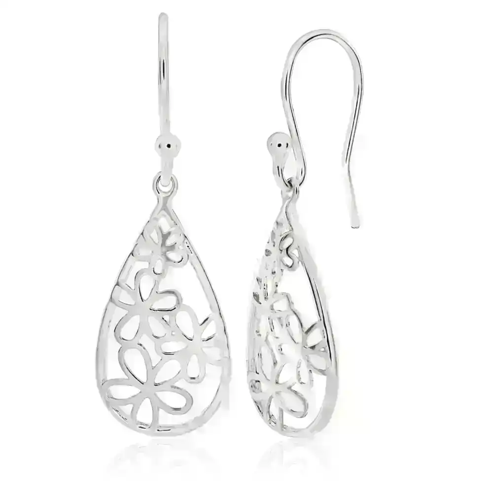 Sterling Silver Fancy Flower Drop Earrings