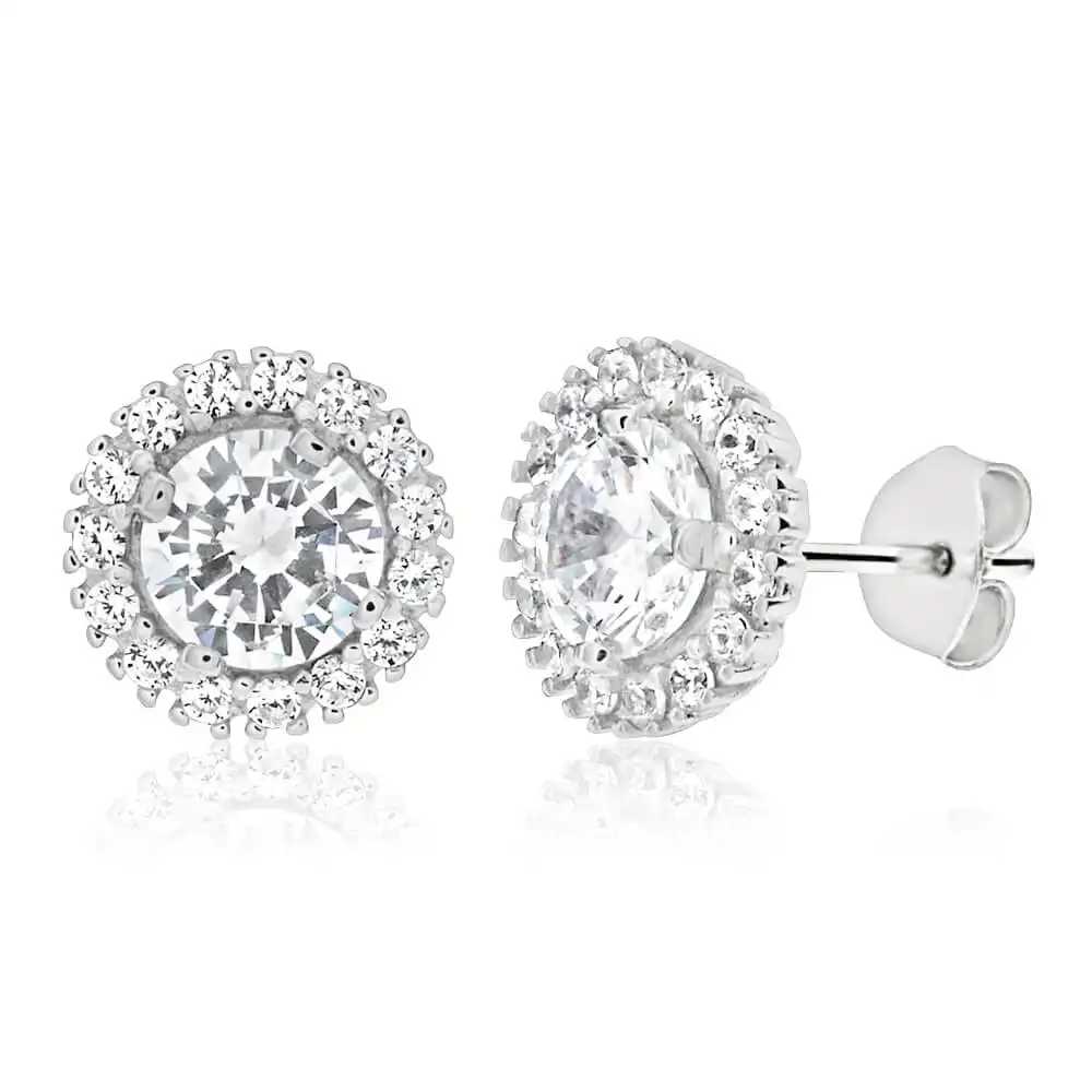 Sterling Silver Rhodium Plated Cubic Zirconia Round Halo Stud Earrings