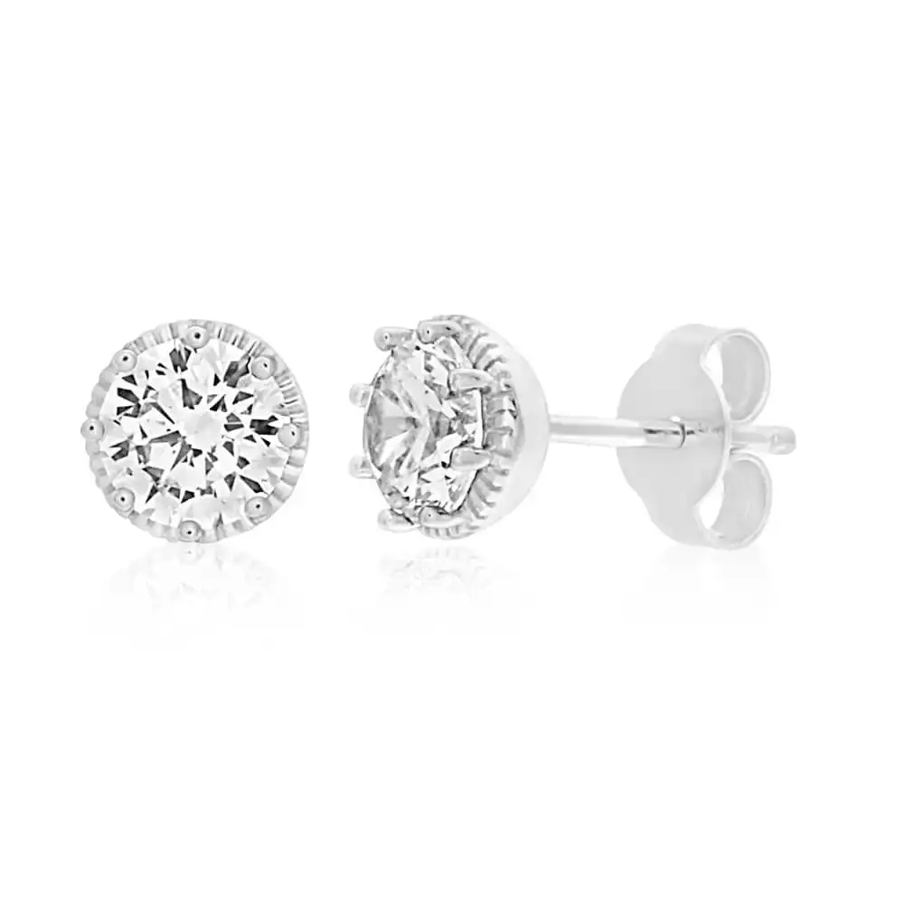 Sterling Silver Rhodium Plated Cubic Zirconia 6mm Round Stud Earrings