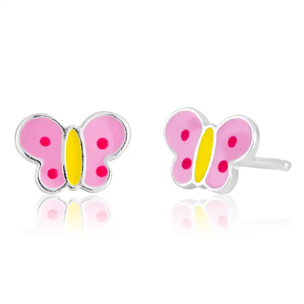 Sterling Silver Butterfly Pink and Yellow Stud Earrings