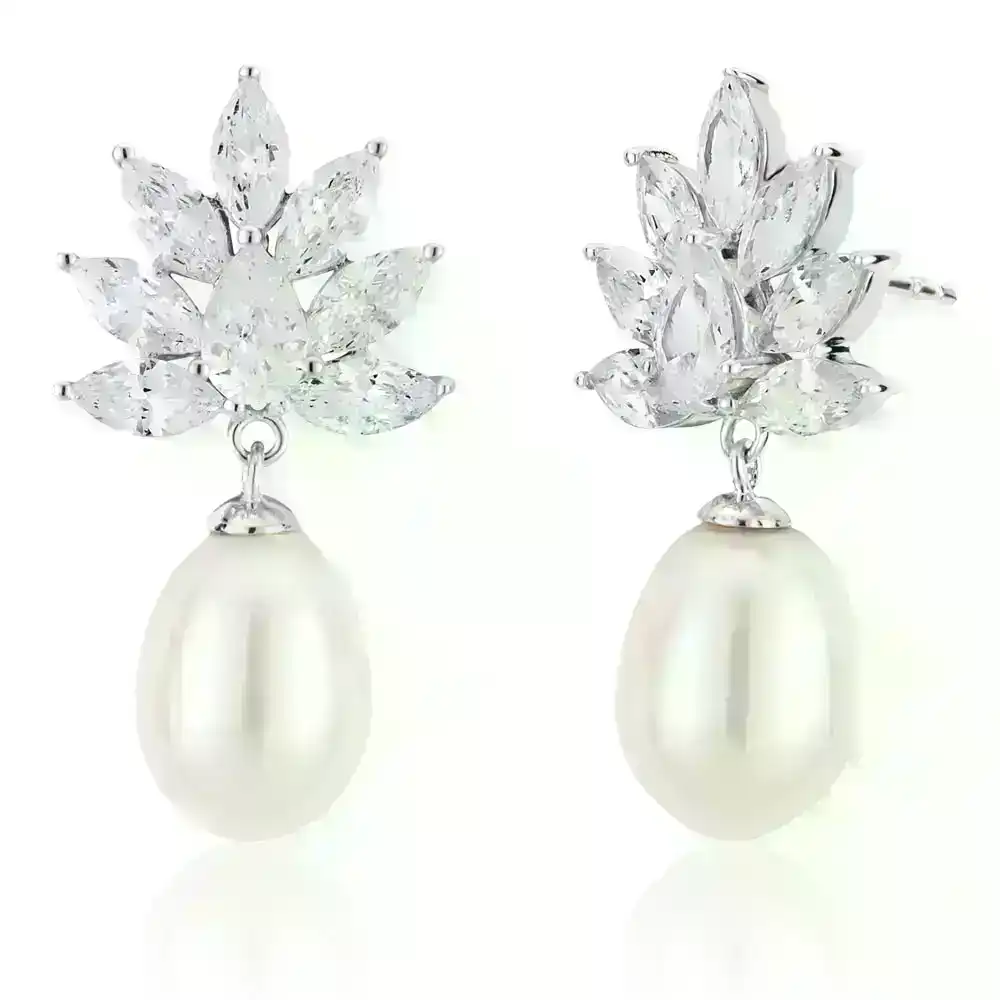 Sterling Silver Rhodium Plated Freshwater Pearl and Zirconia Earrings