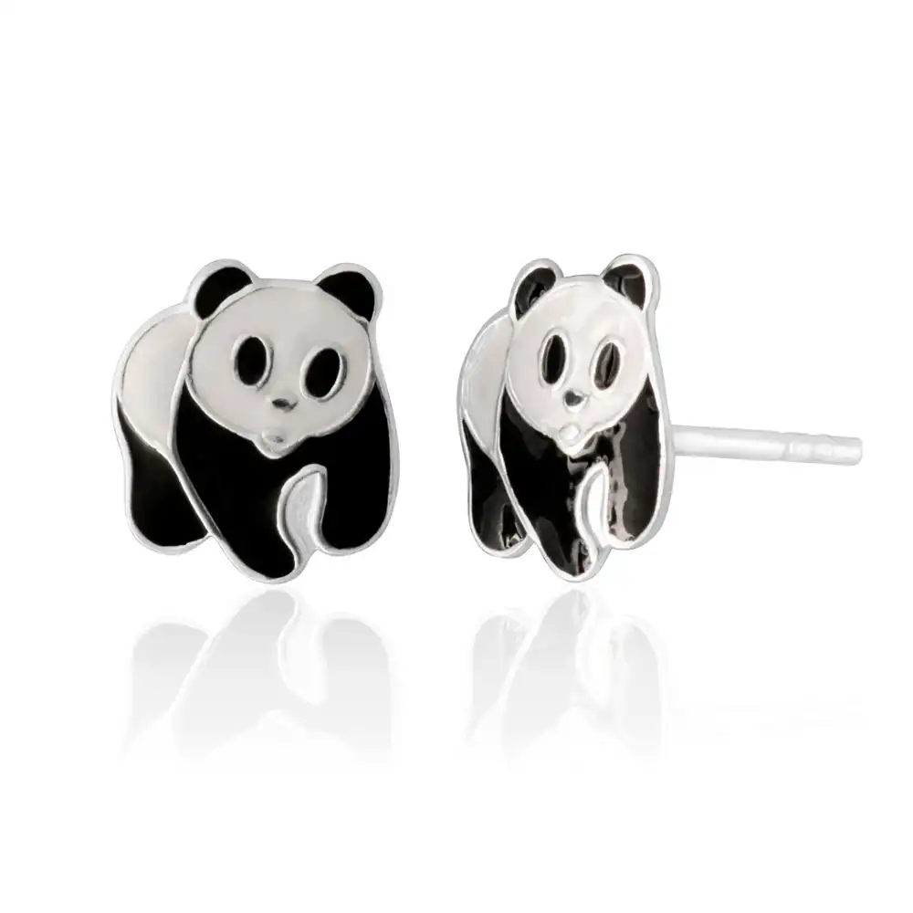 Sterling Silver Black and White Panda Stud Earrings