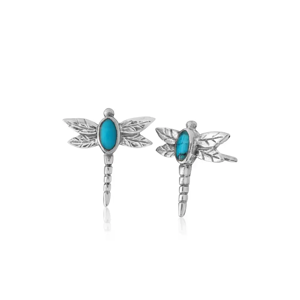 Sterling Silver Created Turquoise Dragonfly Stud Earrings
