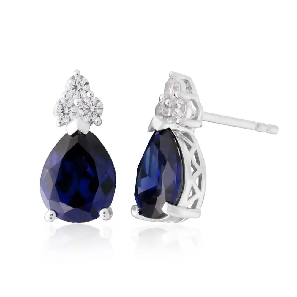 Sterling Silver Created Tanzanite and White Zirconia Pear Stud Earrings