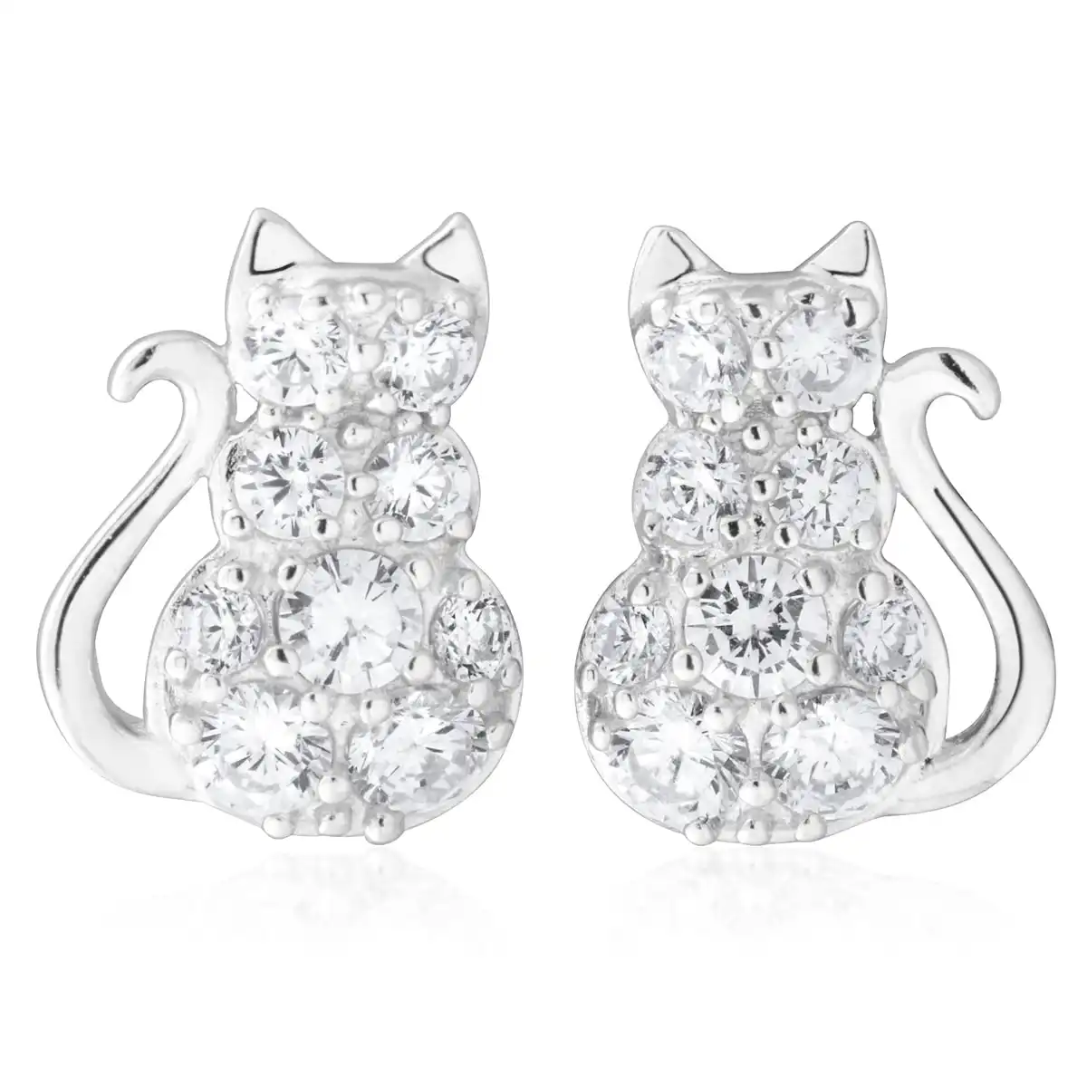 Sterling Silver Zirconia Sitting Cat Earrings