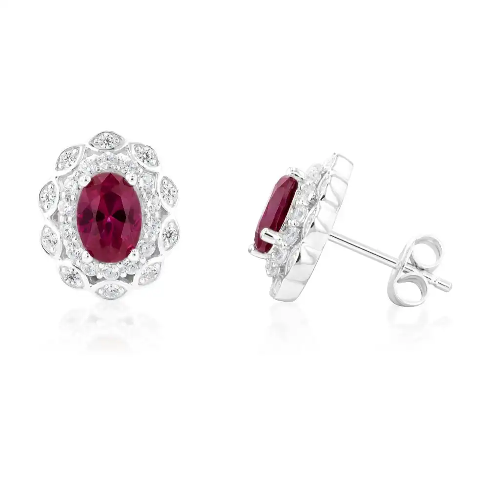 Sterling Silver Created Ruby and Zirconia Oval Earrings