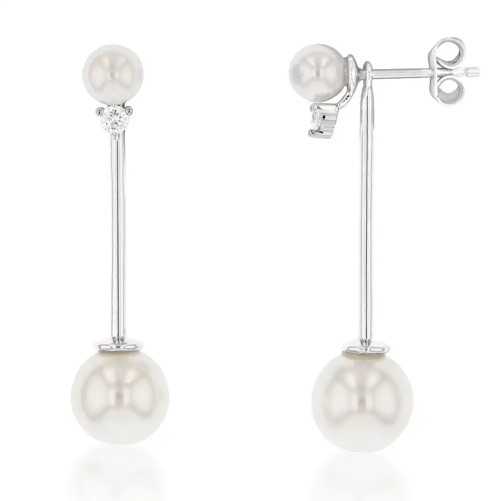 Sterling Silver White Shell Pearl and Zirconia Drop Earrings