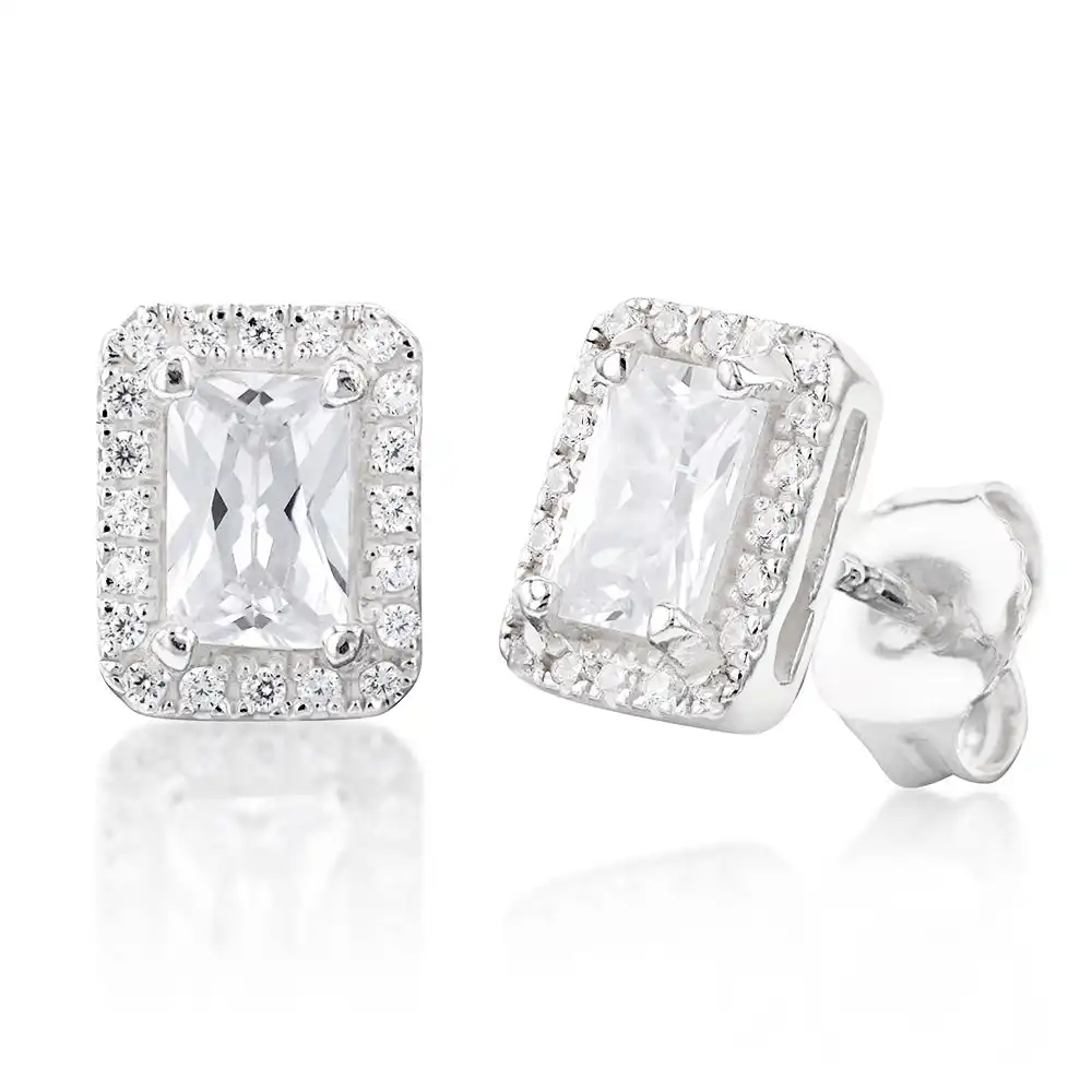 Sterling Silver Cubic Zirconia Square Halo Stud Earrings