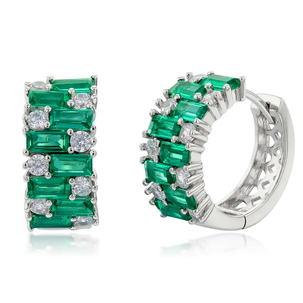 Sterling Silver Rhodium Plated Emerald Green And White Cubic Zirconia Hoop Earrings