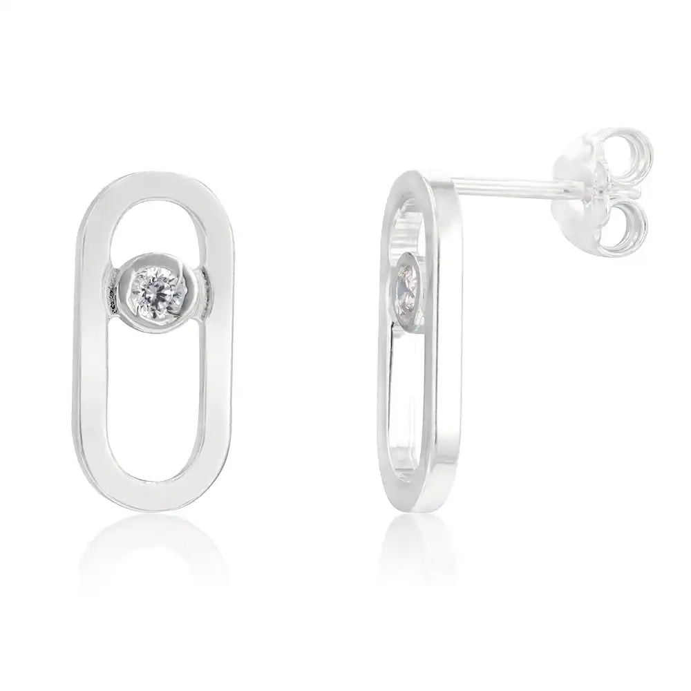 Sterling Silver Cubic Zirconia On Chunky Link Stud Earring