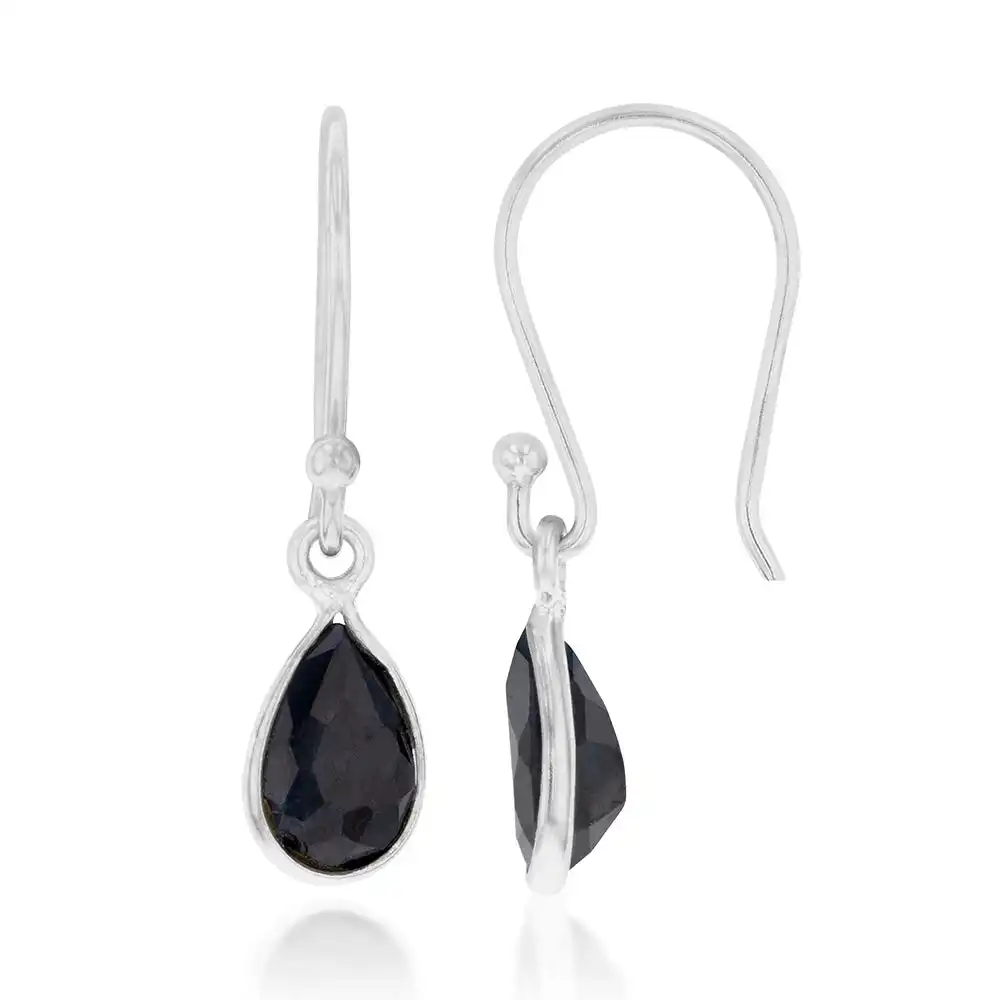 Sterling Silver Black Sapphire Pear Hook Drop Earrings