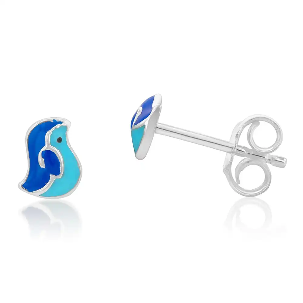 Sterling Silver Blue Enamel Small Bird Stud Earrings