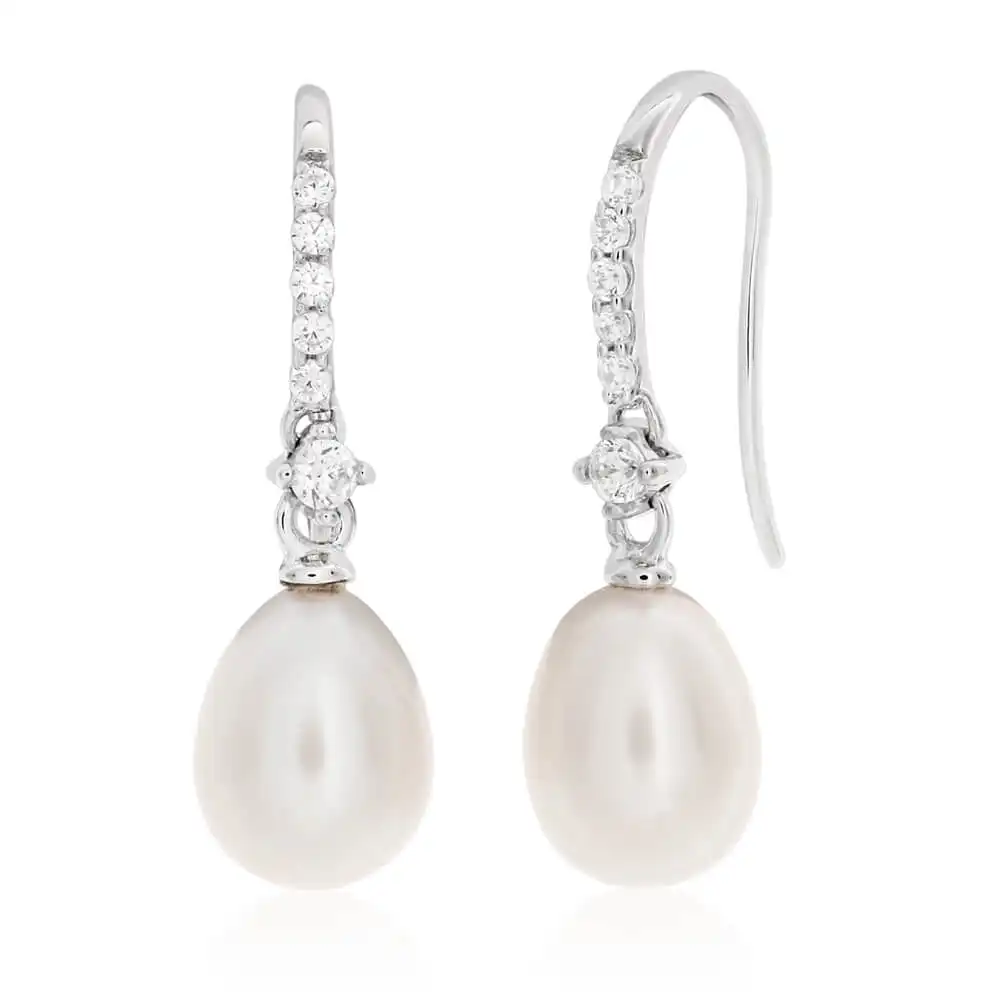 Sterling Silver White Freshwater Pearl + Cubic Zirconia Drop Earrings