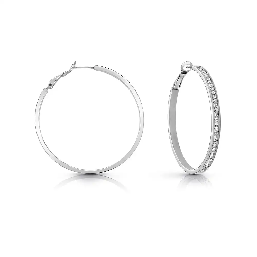Guess Silver Plated 50mm Front Crystal Pave Hoops