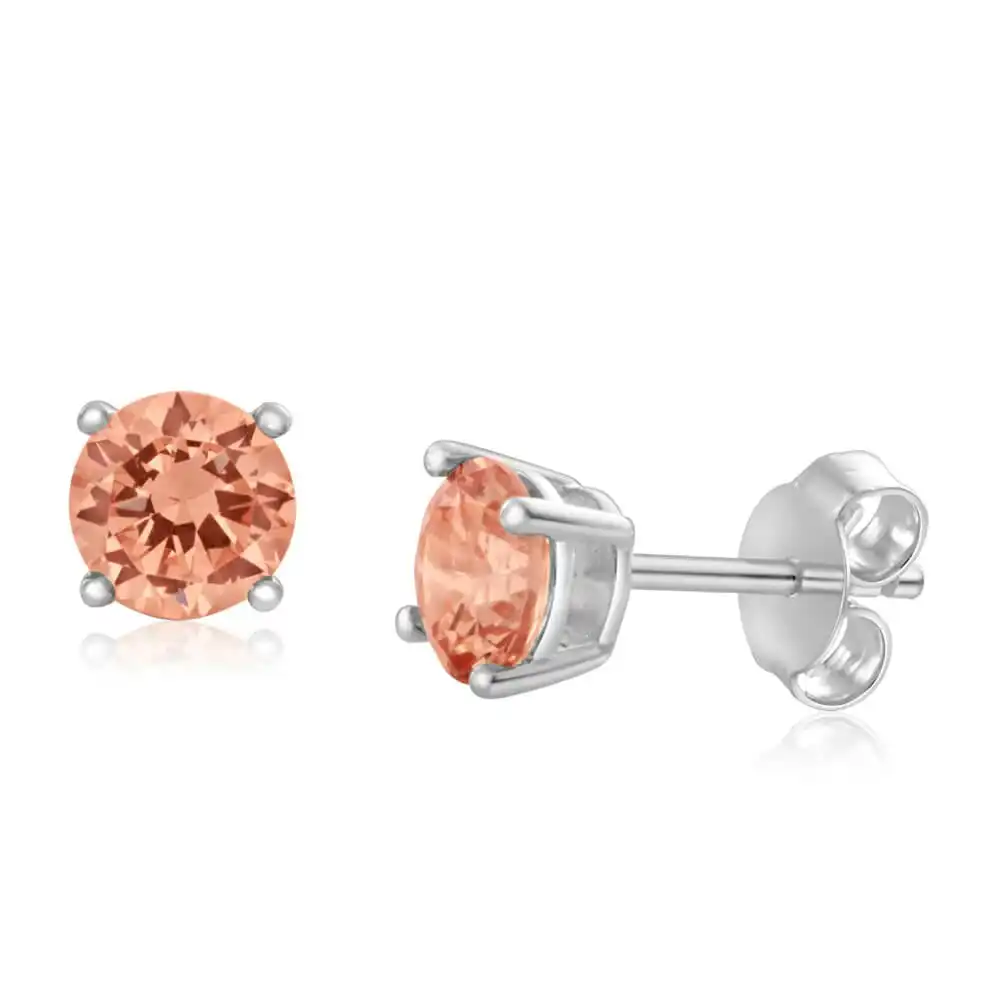 Sterling Silver Zirconia Round 6.55mm Champagne Stud Earrings