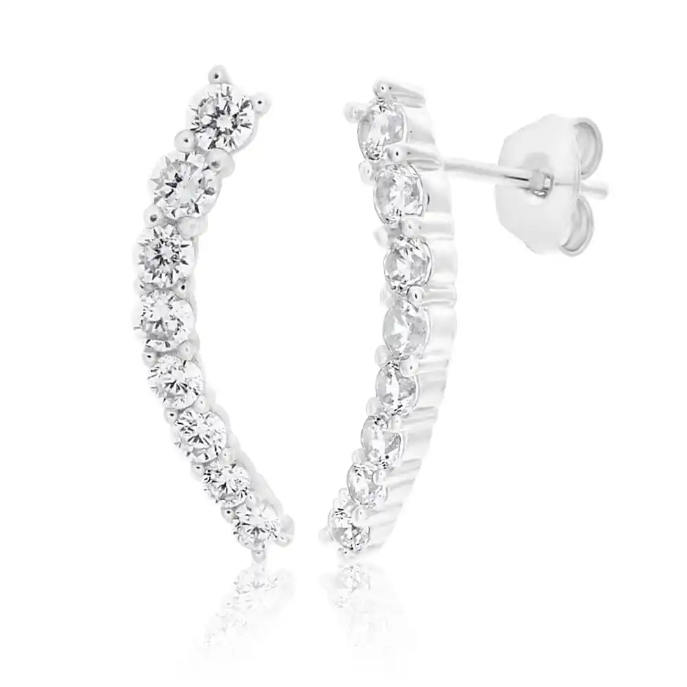 Sterling Silver Cubic Zirconia Mini Curve Climber Stud Earrings