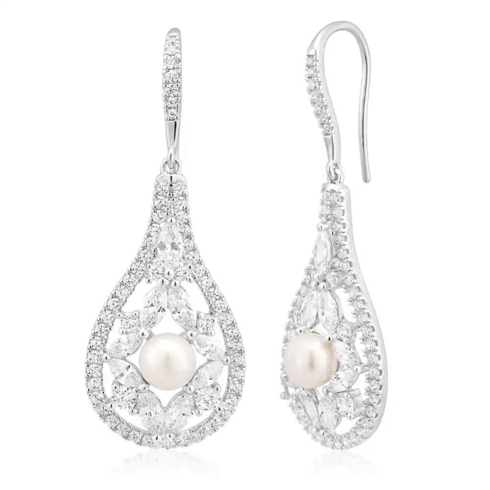 Sterling Silver Rhodium Plate Freshwater Pearl and Zirconia Fancy Drop Earrings