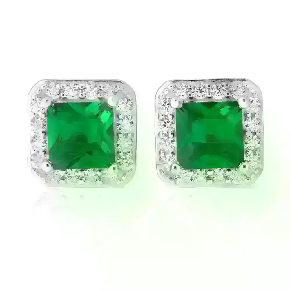 Sterling Silver Green and White Zirconia Cushion Cut Stud Earrings