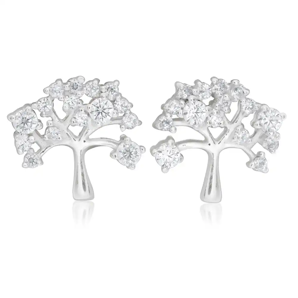 Sterling Silver Zirconia Tree of Life Stud Earrings