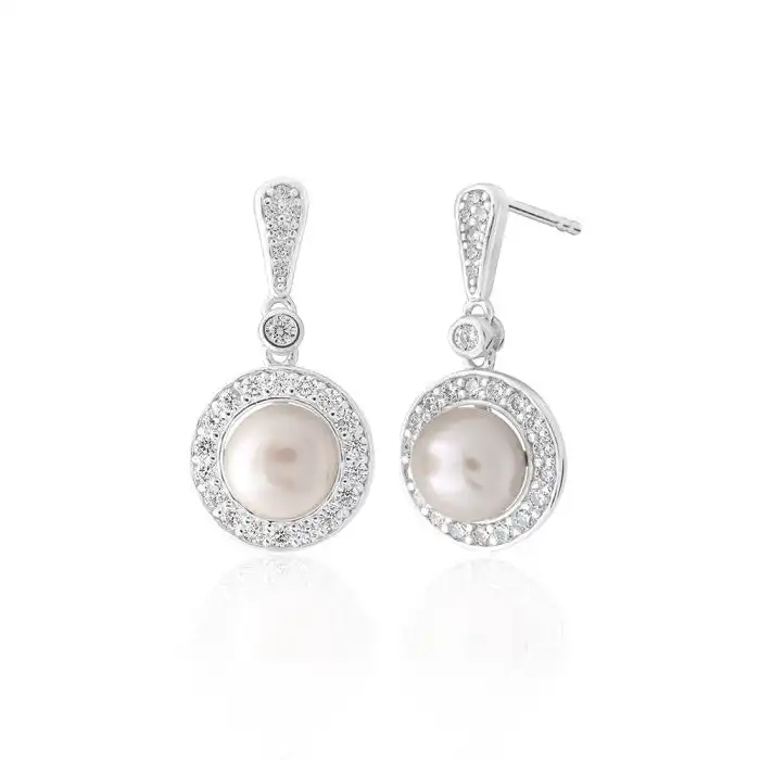 Sterling Silver Freshwater Pearl and White Zirconia Circle Drop Earrings