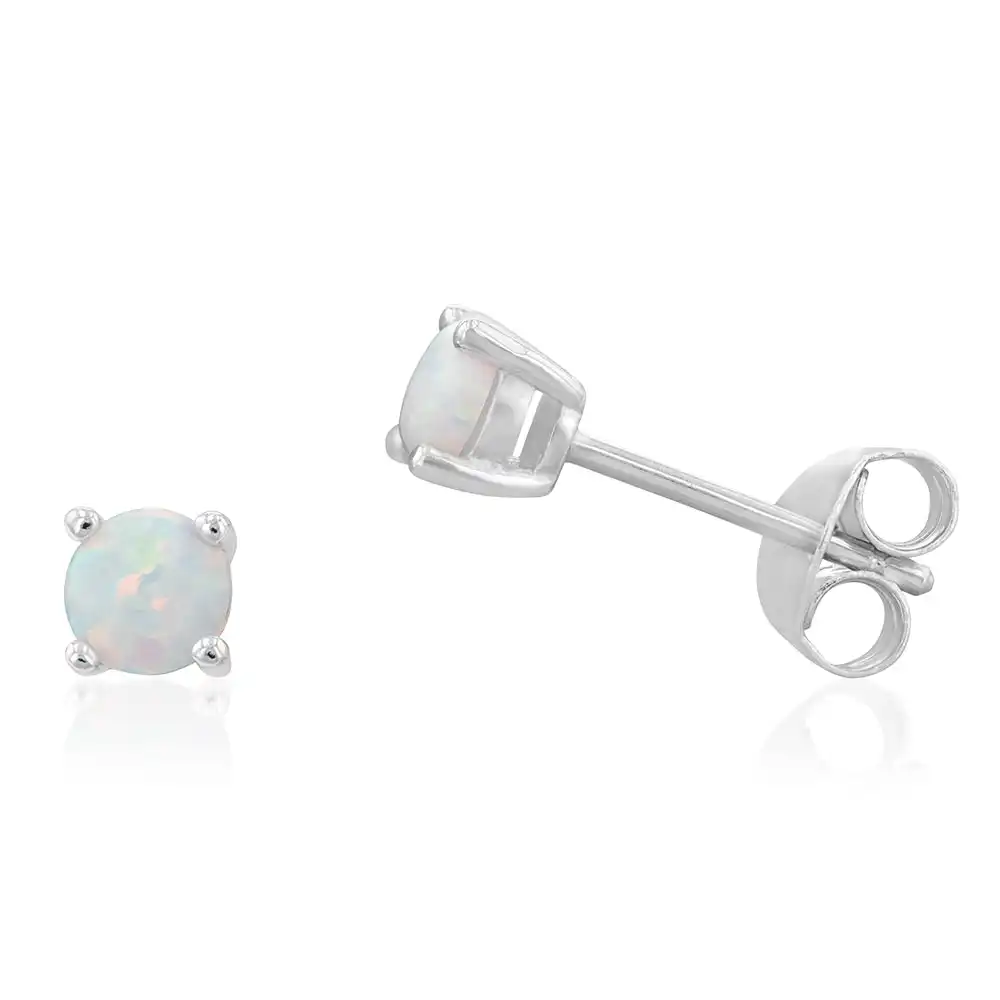 Sterling Silver Rhodium Plated 4mm White Opal Stud Earrings