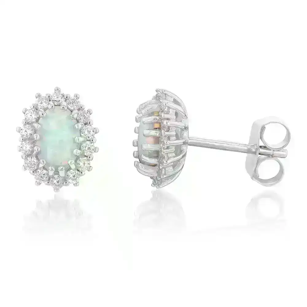 Sterling Silver Rhodium Plated Cubic Zirconia Synthetic Opal Round Stud Earrings