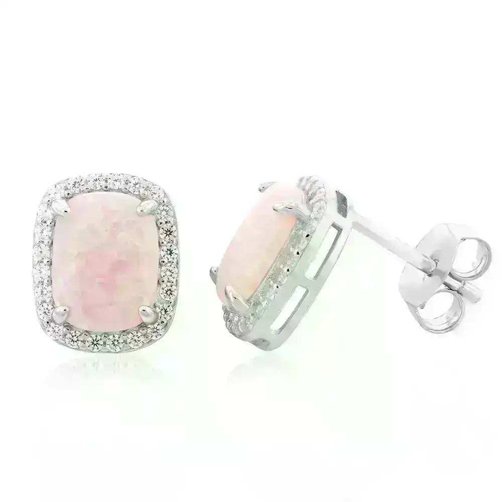 Sterling Silver Rhodium Plated Cubic Zirconia Synthetic Pink Opal Square Earrings