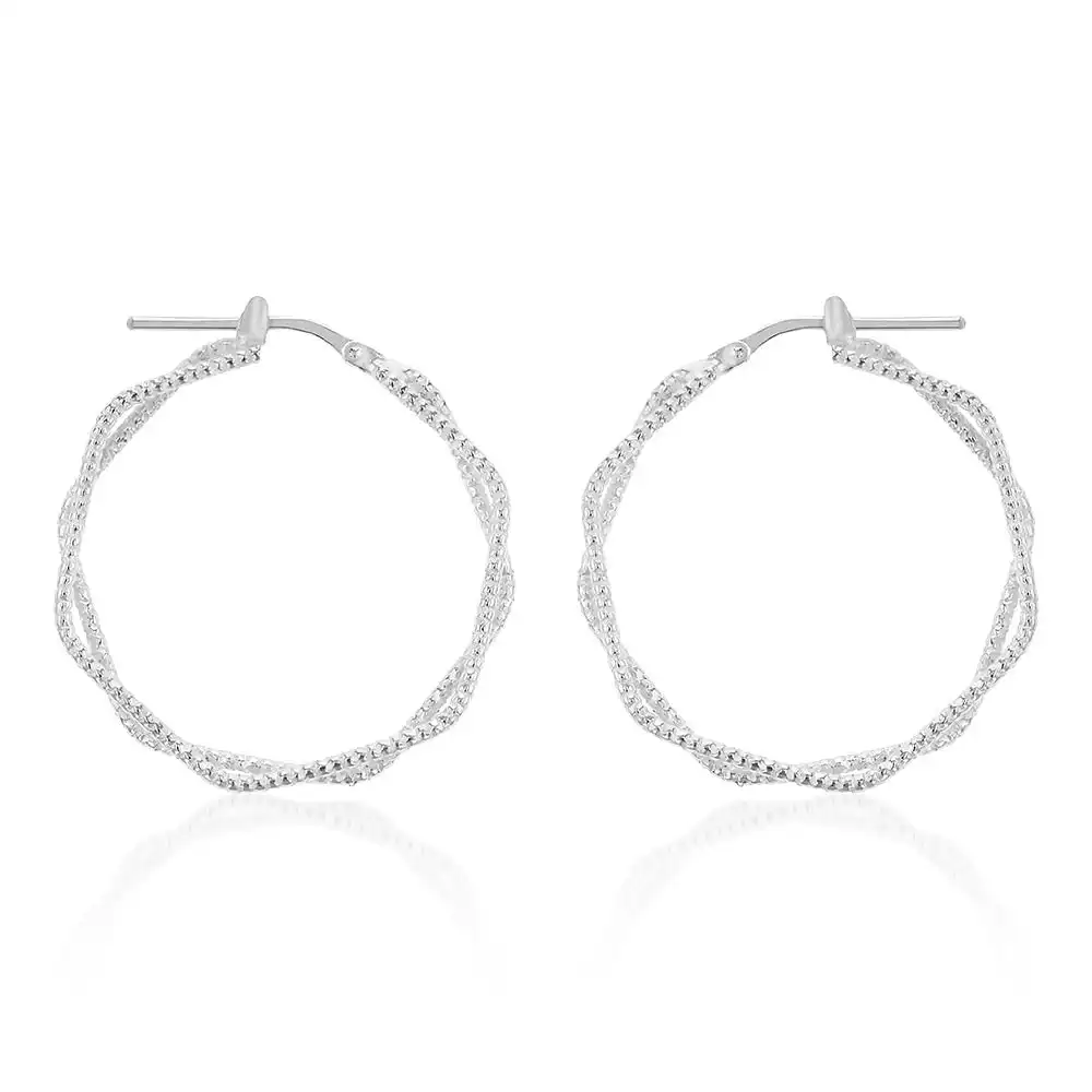 Sterling Silver Fancy Twin Hexagonal Hoops Earrings