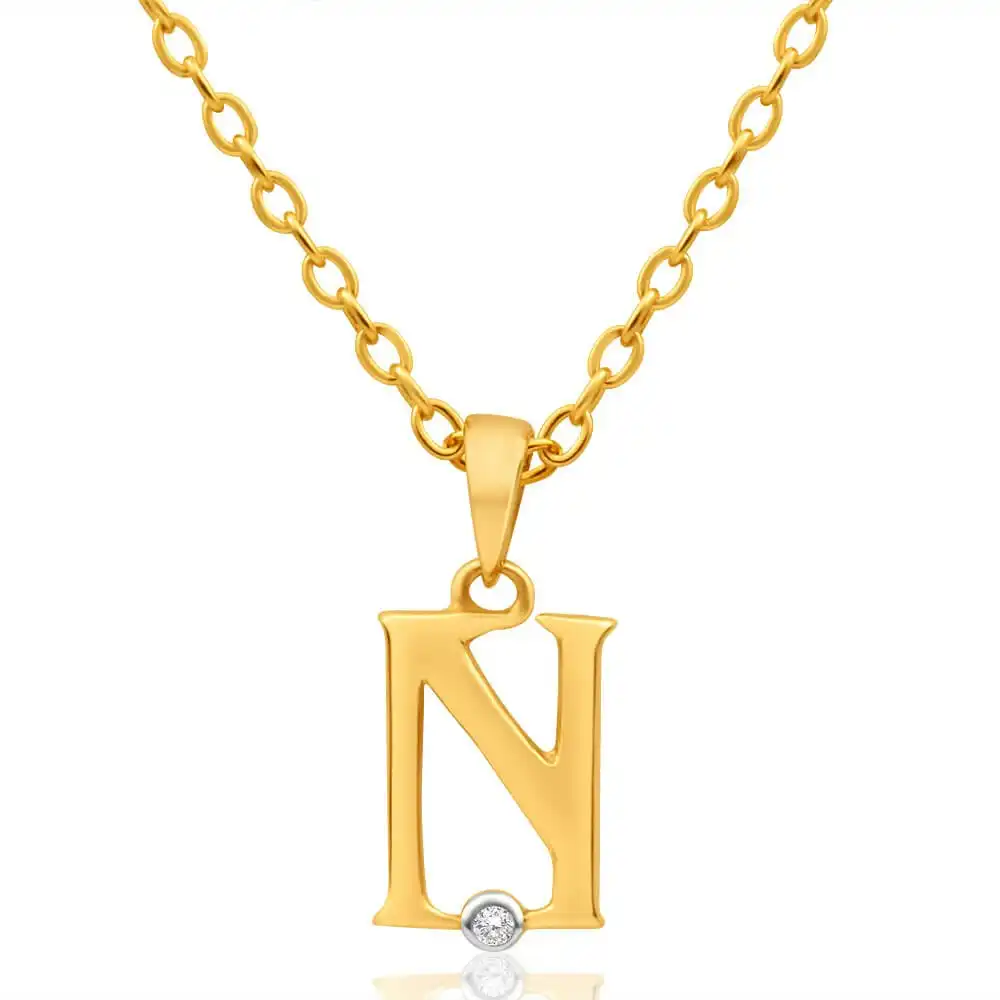9ct Yellow Gold Pendant Initial N set with Diamond