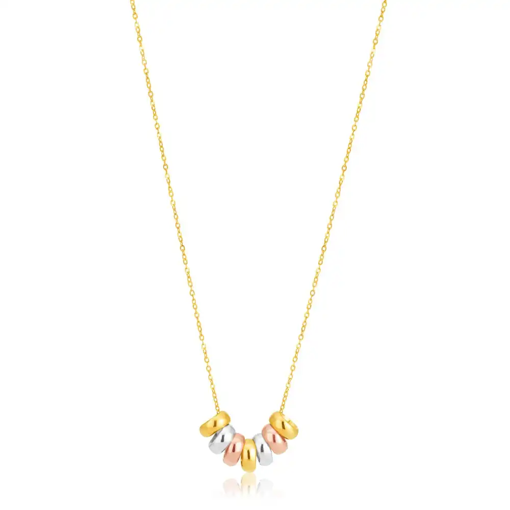 9ct Three Tone Gold 7 Rings of Luck Pendant with a 45cm cable Chain