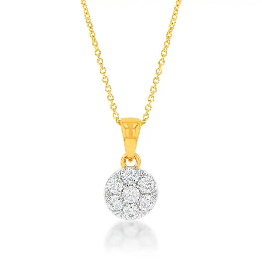 Flawless Cut 1/4 Carat Diamond Cluster Pendant in 9ct Yellow Gold with Chain Included
