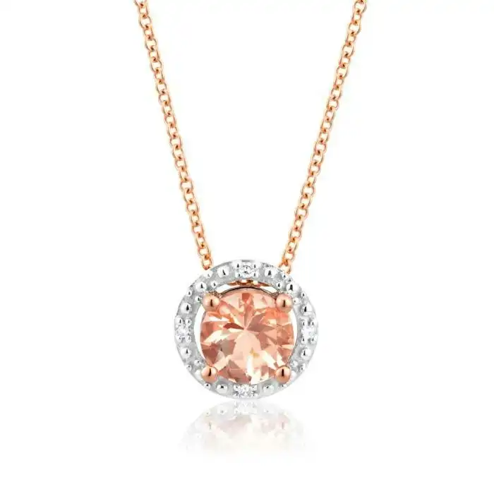 9ct Rose Gold Morganite 5mm with Diamond Halo Pendant With 45cm Chain