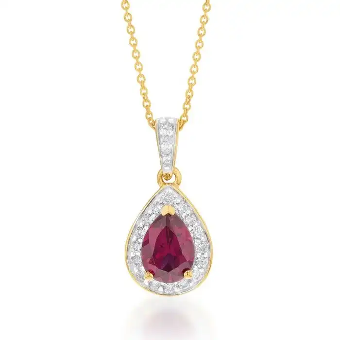 9ct Yellow Gold 7x5mm Created Ruby and Diamond Pear Halo Pendant on 45cm Chain
